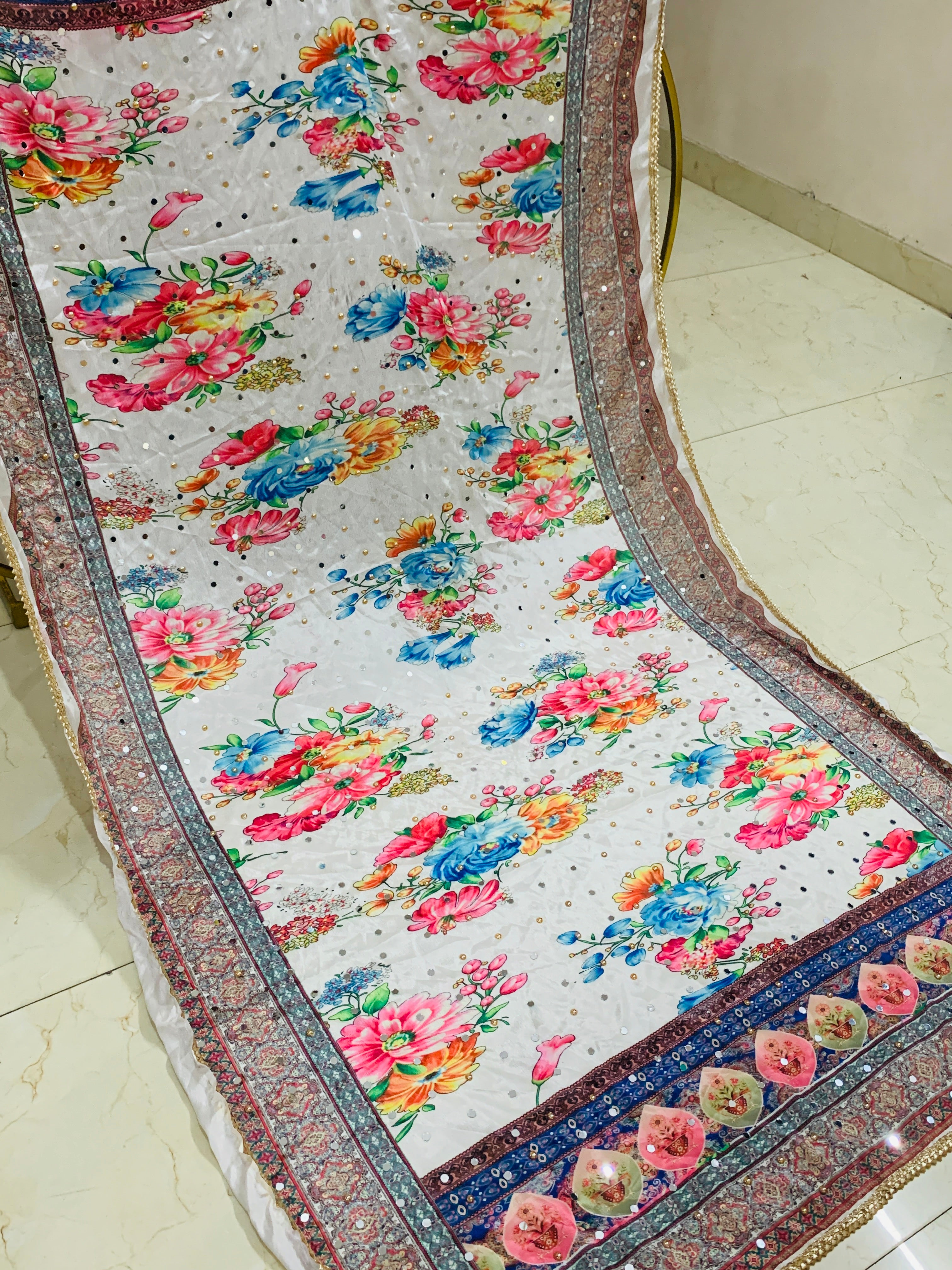 SS Creations Mirror Work Dupatta WHITE MULTIFLOWERS