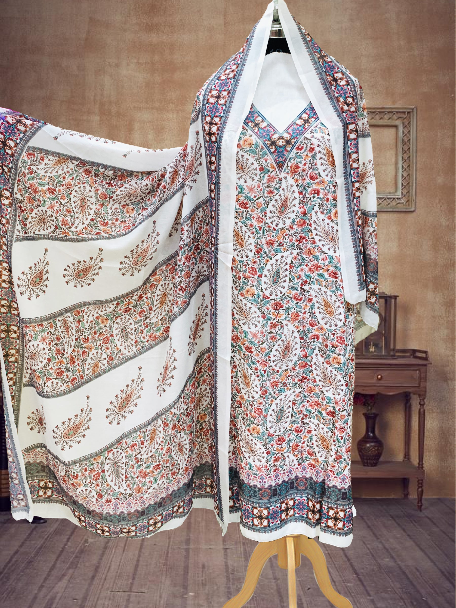 SS Creations Kashmiri Suit white keri lines dup