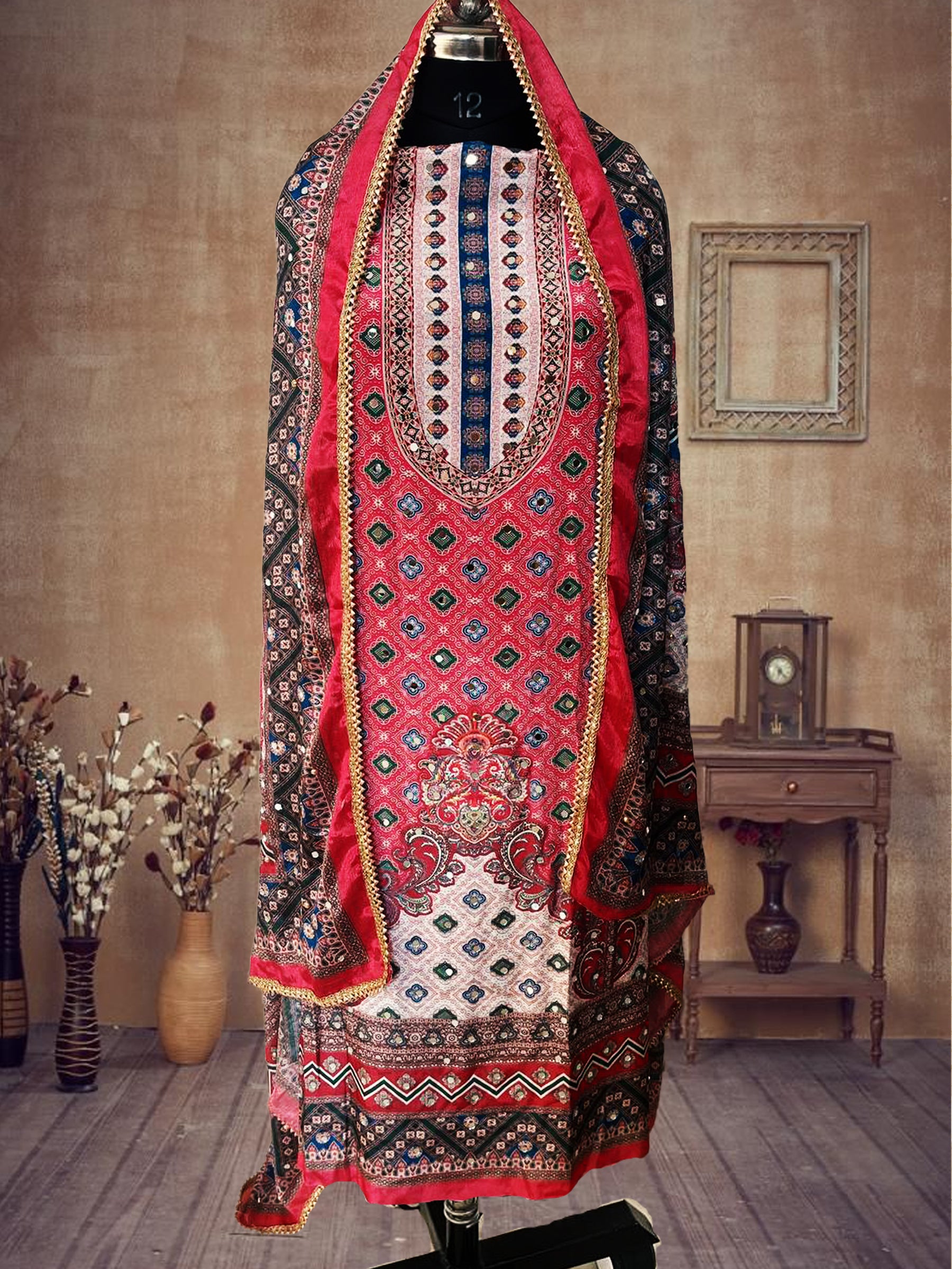 SS Creations Karachi Suit red temple