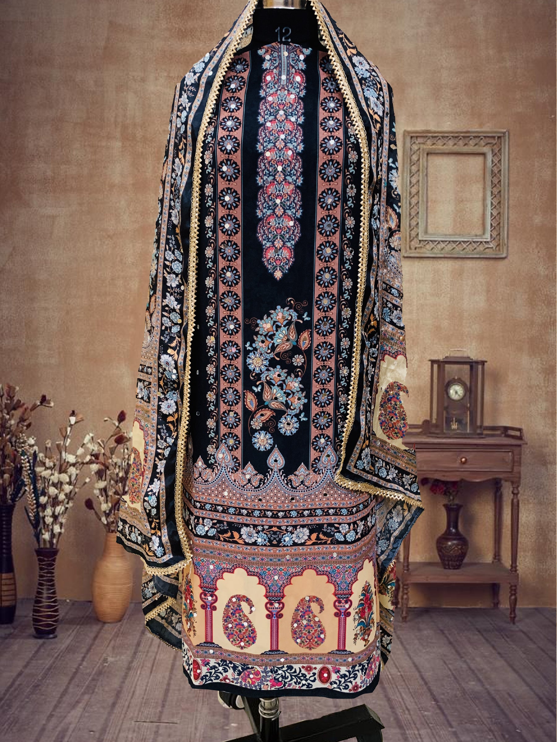 SS Creations Karachi Suit BLACK LINES WITH KERI