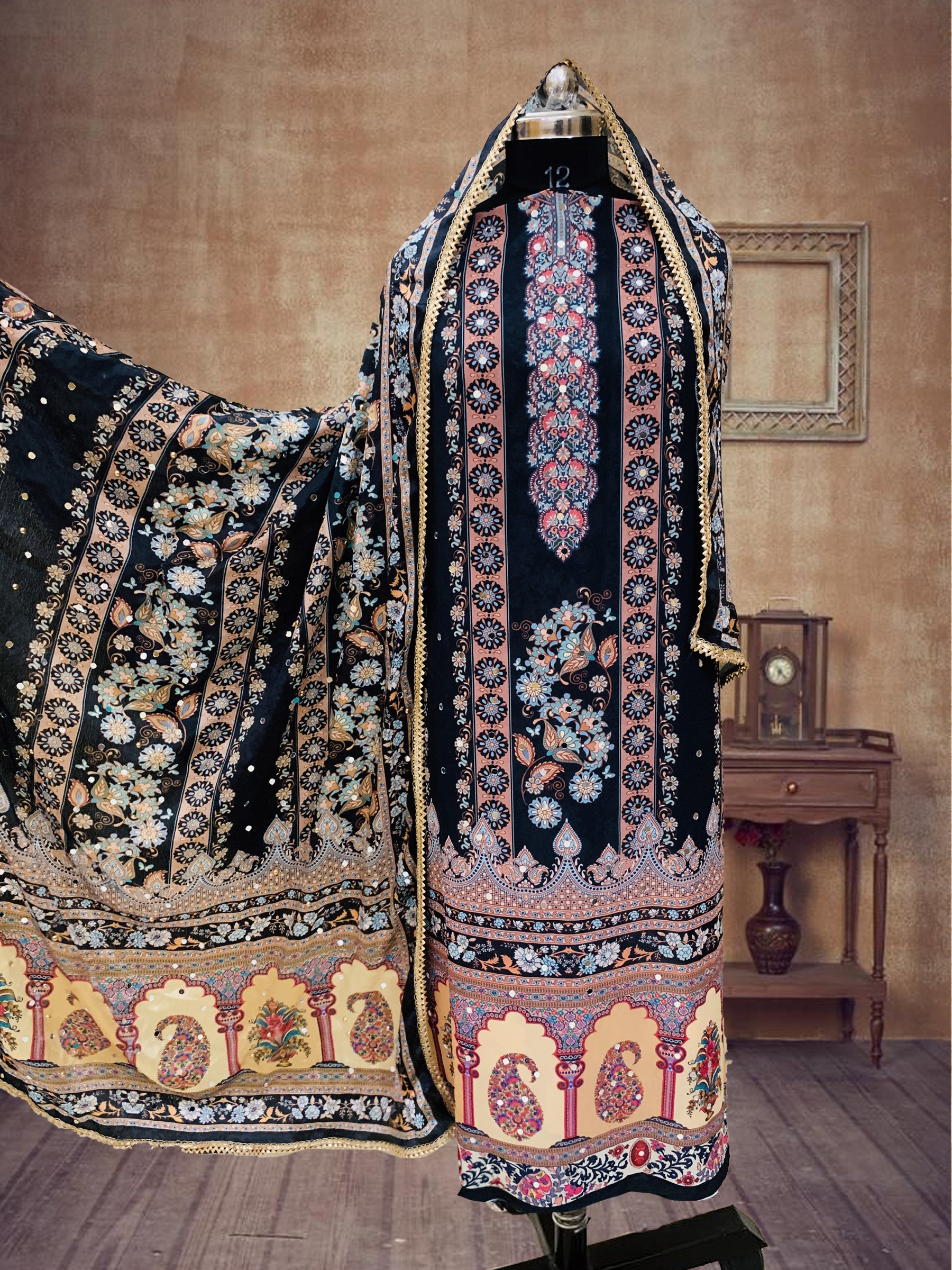 SS Creations Karachi Suit BLACK LINES WITH KERI