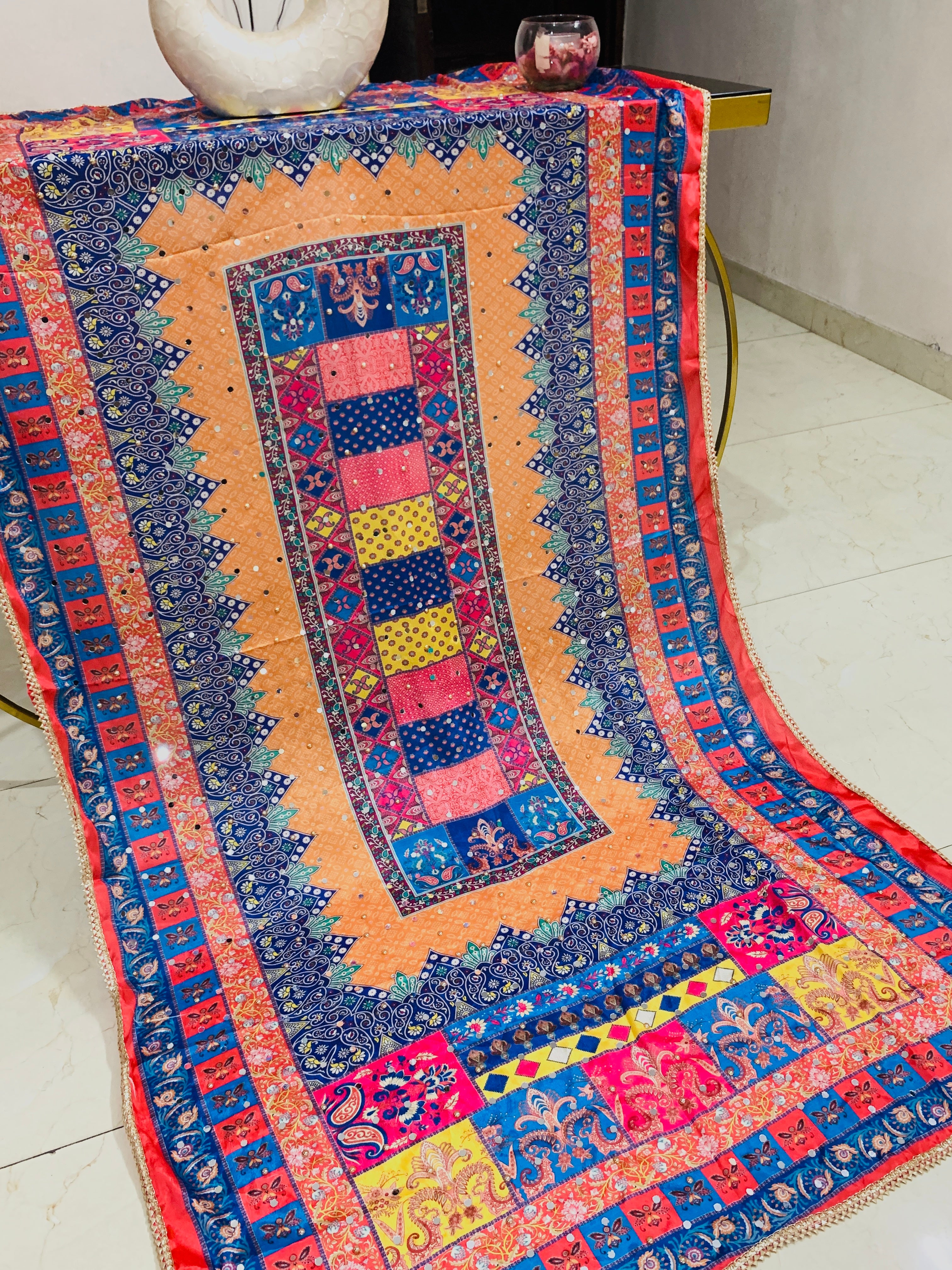 SS Creations Mirror Work Dupatta ORANGE BLUE