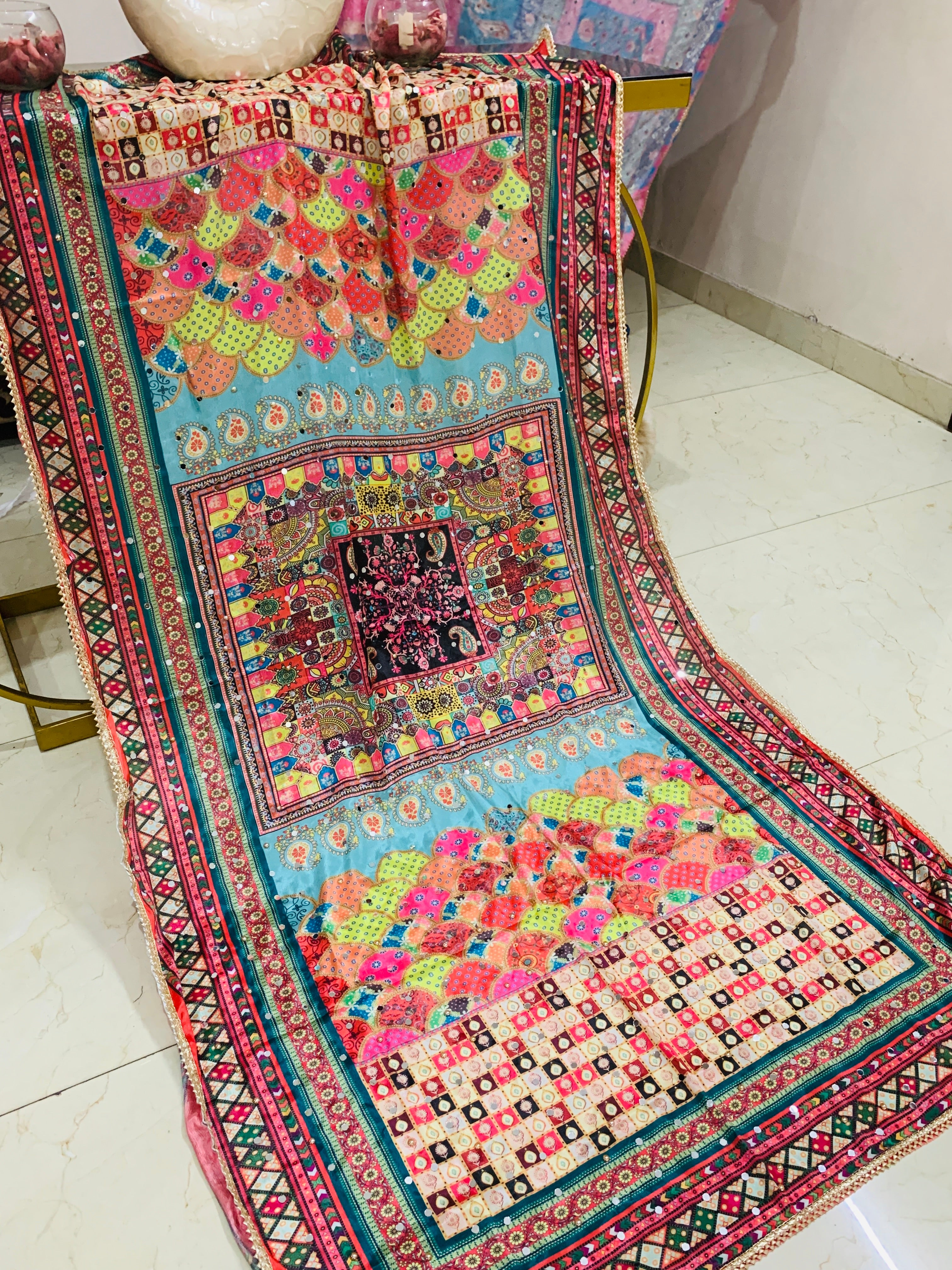 SS Creations Mirror Work Dupatta WHITE MULTIBOX