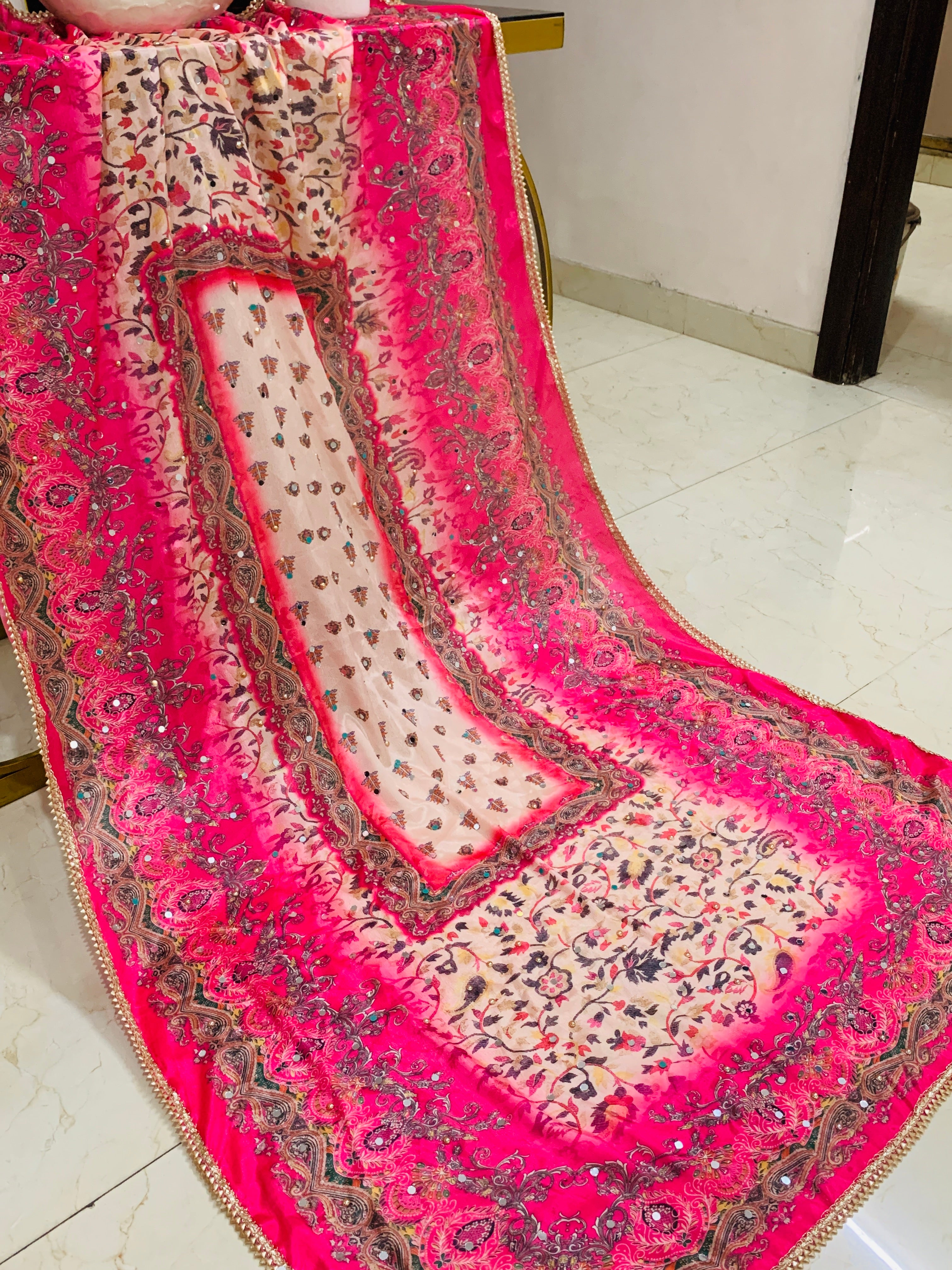 SS Creations Mirror Work Dupatta PINK WHITE SHADING