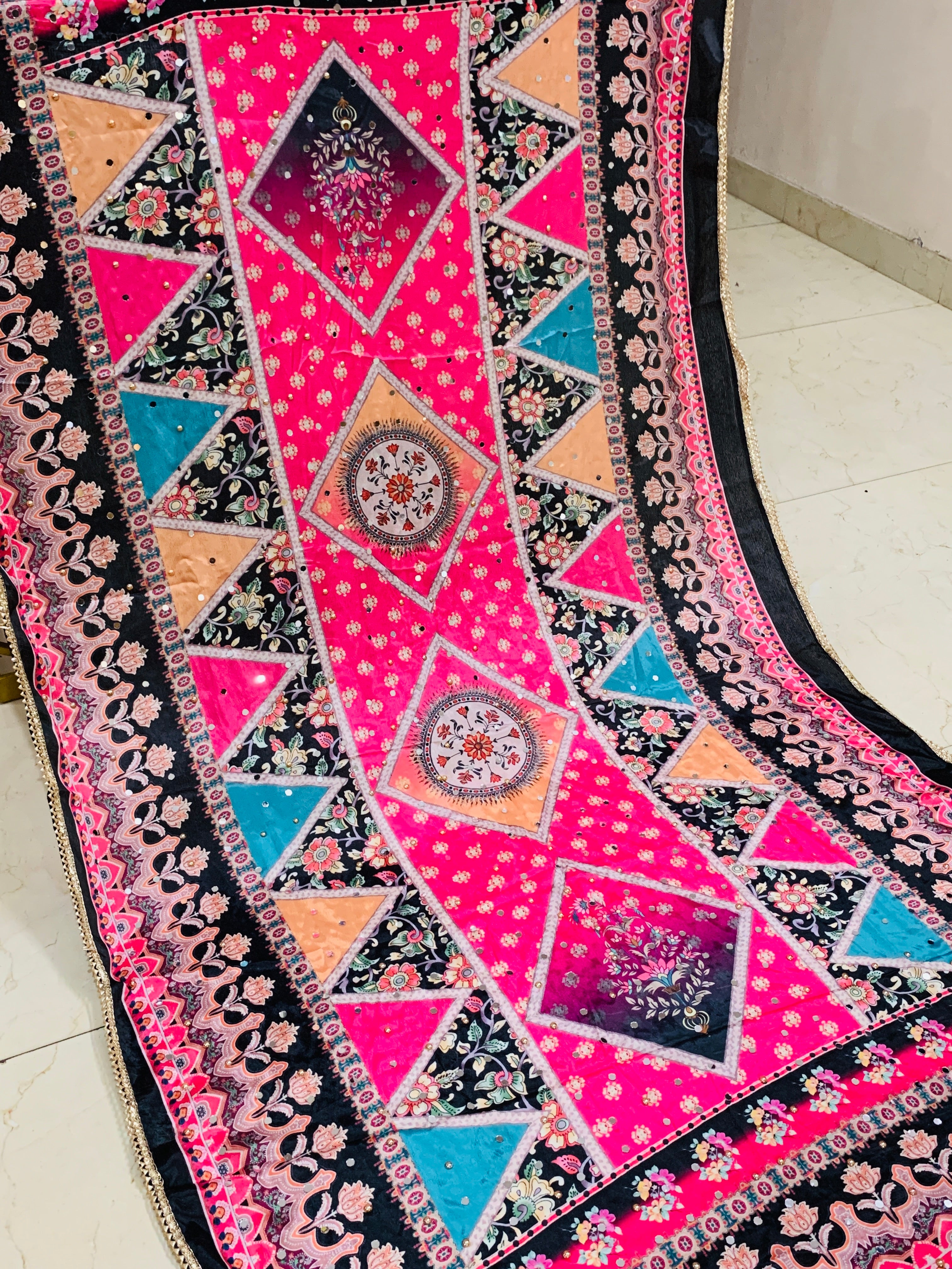 SS Creations Mirror Work Dupatta BLACK PINK TRIANGLE