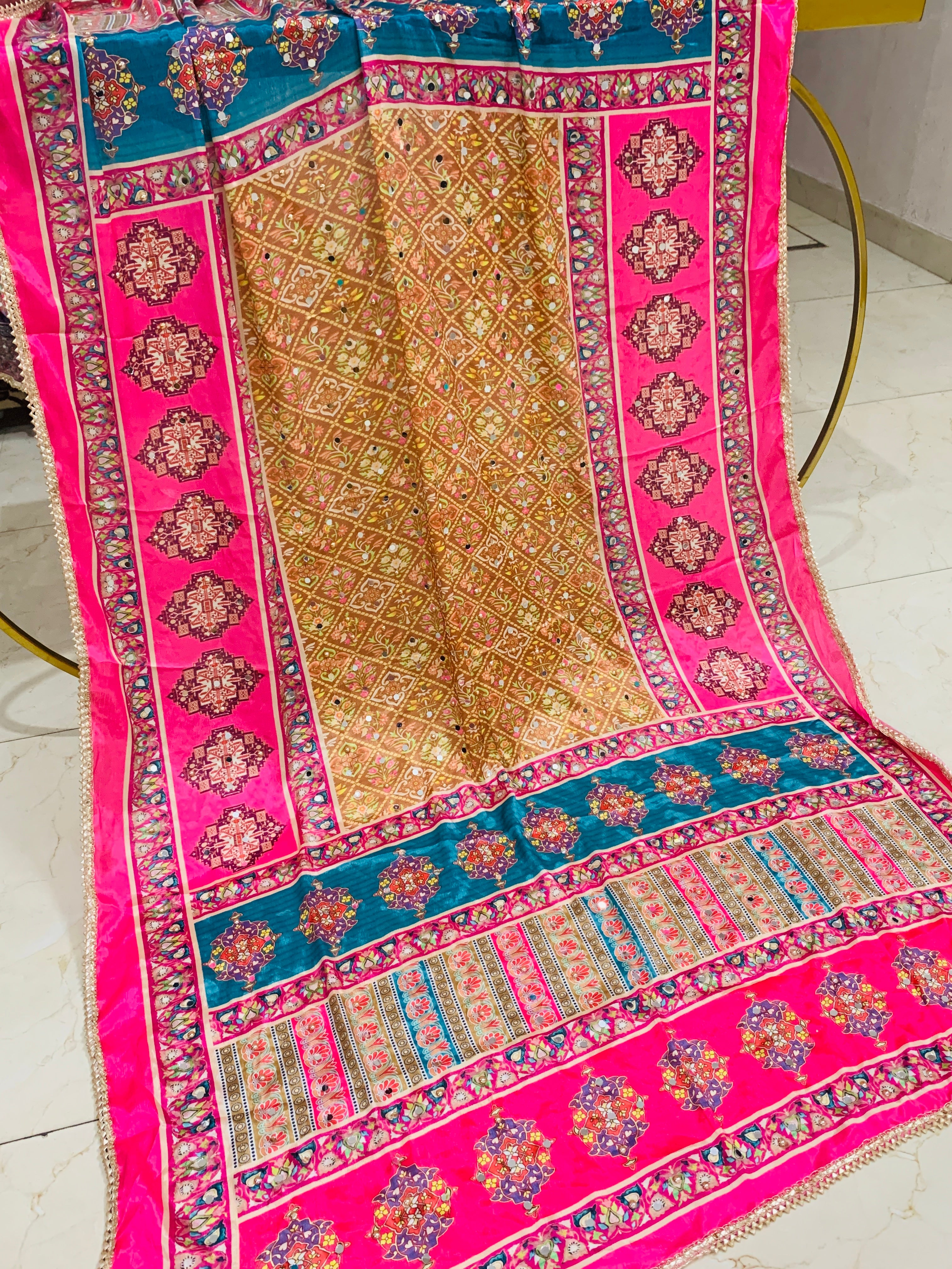 SS Creations Mirror Work Dupatta BEIGE PHULKARI