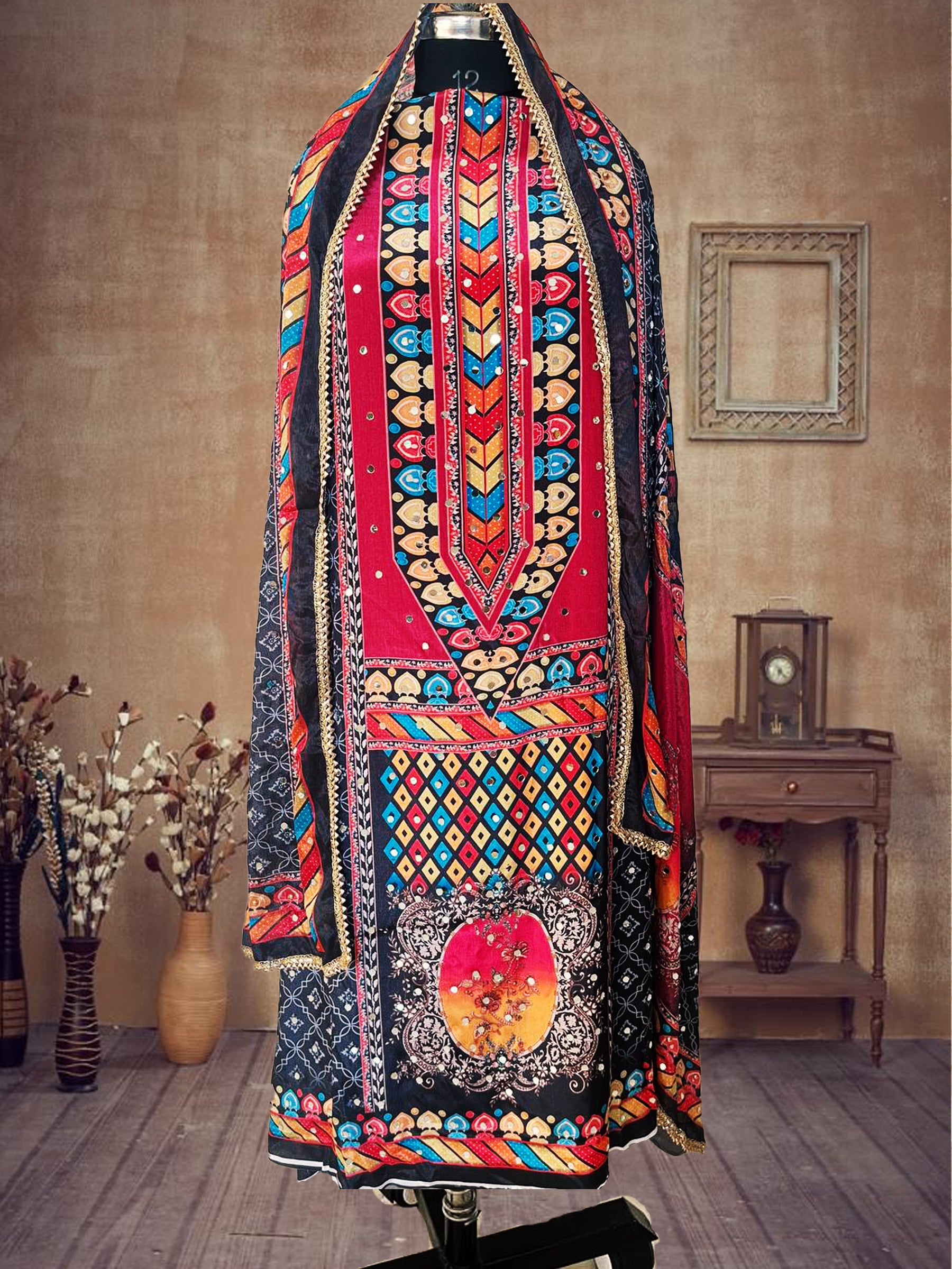 SS Creations Karachi Suit black big neck