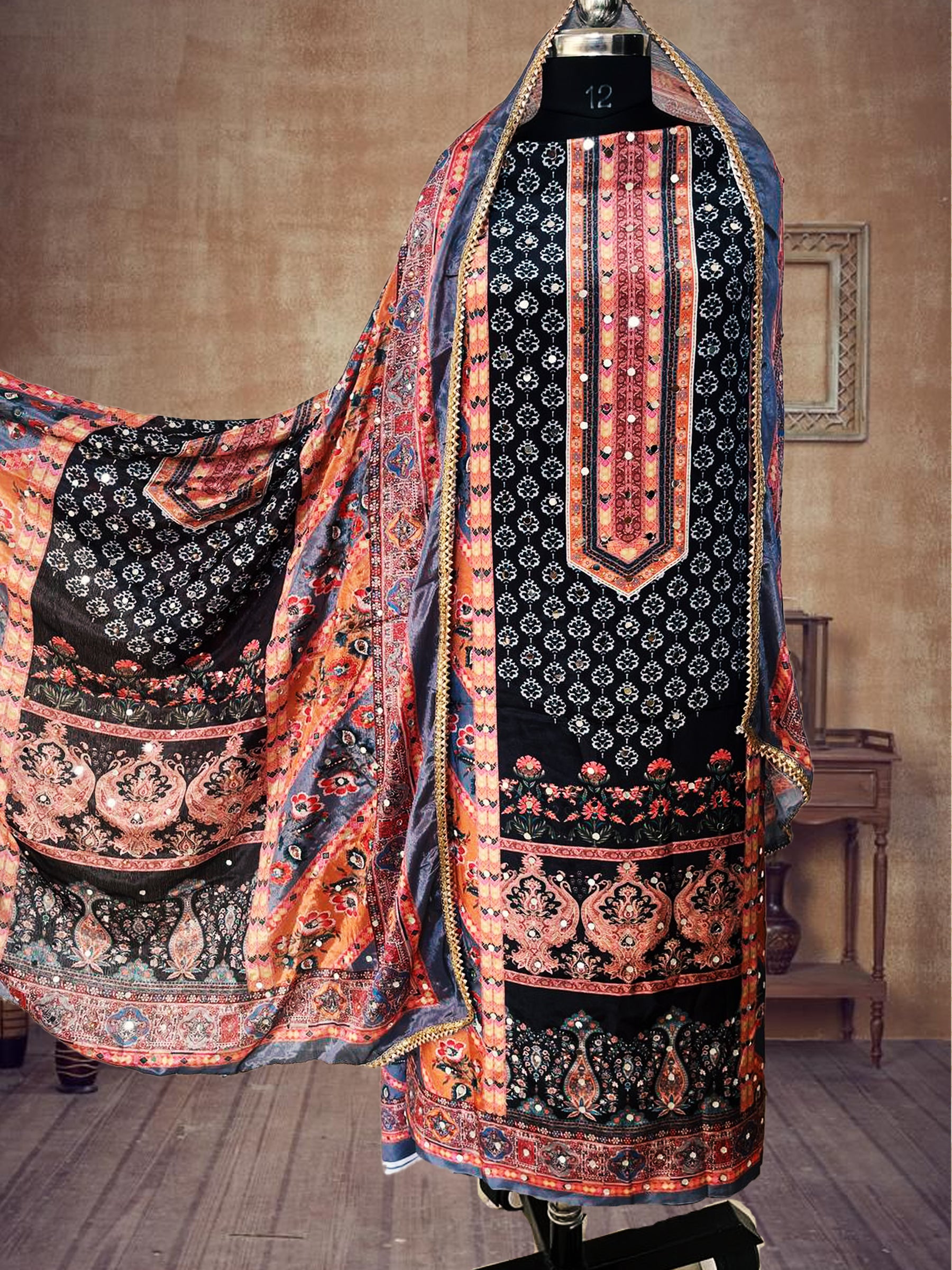 SS Creations Karachi Suit Black grey neck