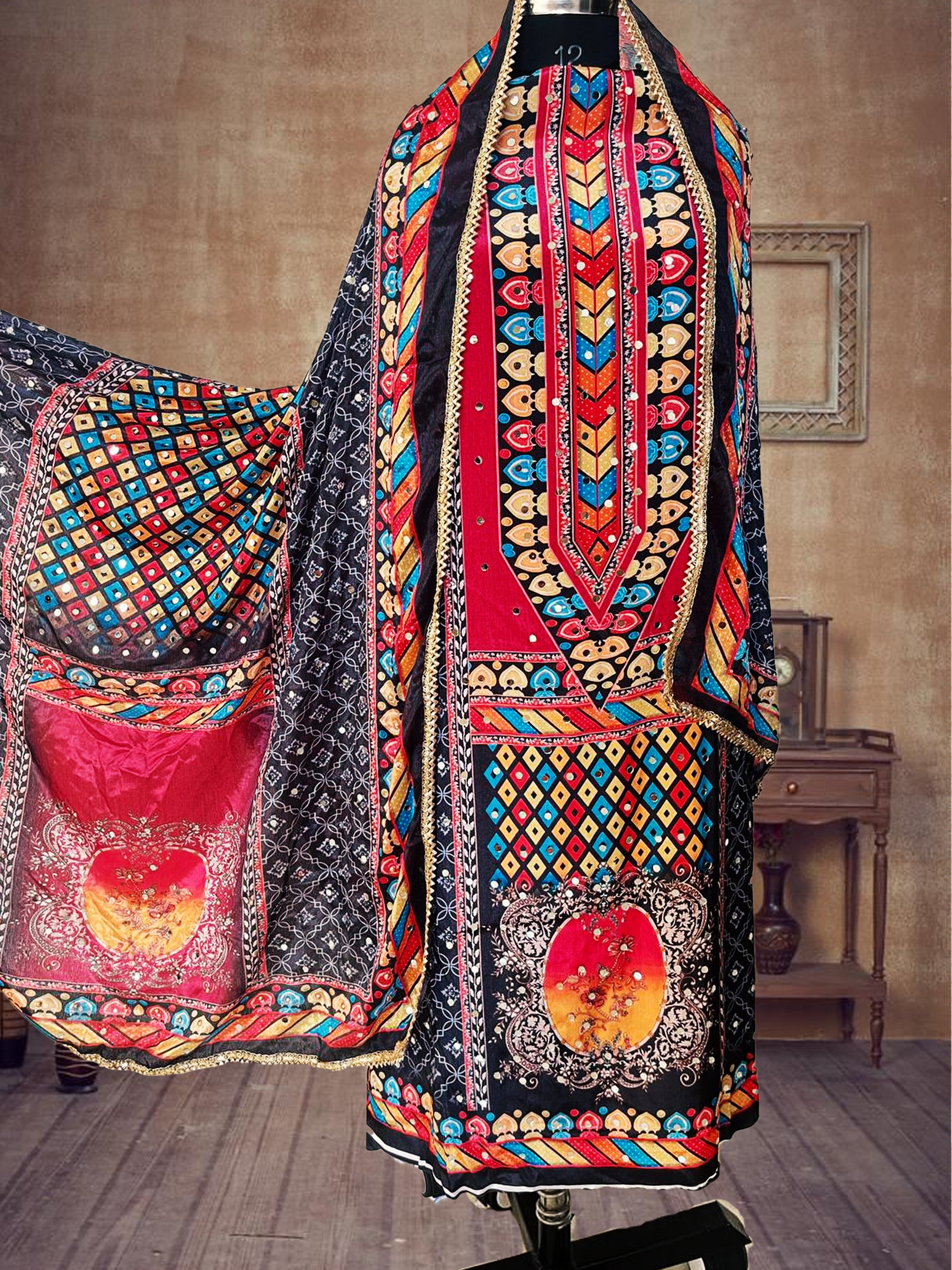 SS Creations Karachi Suit black big neck