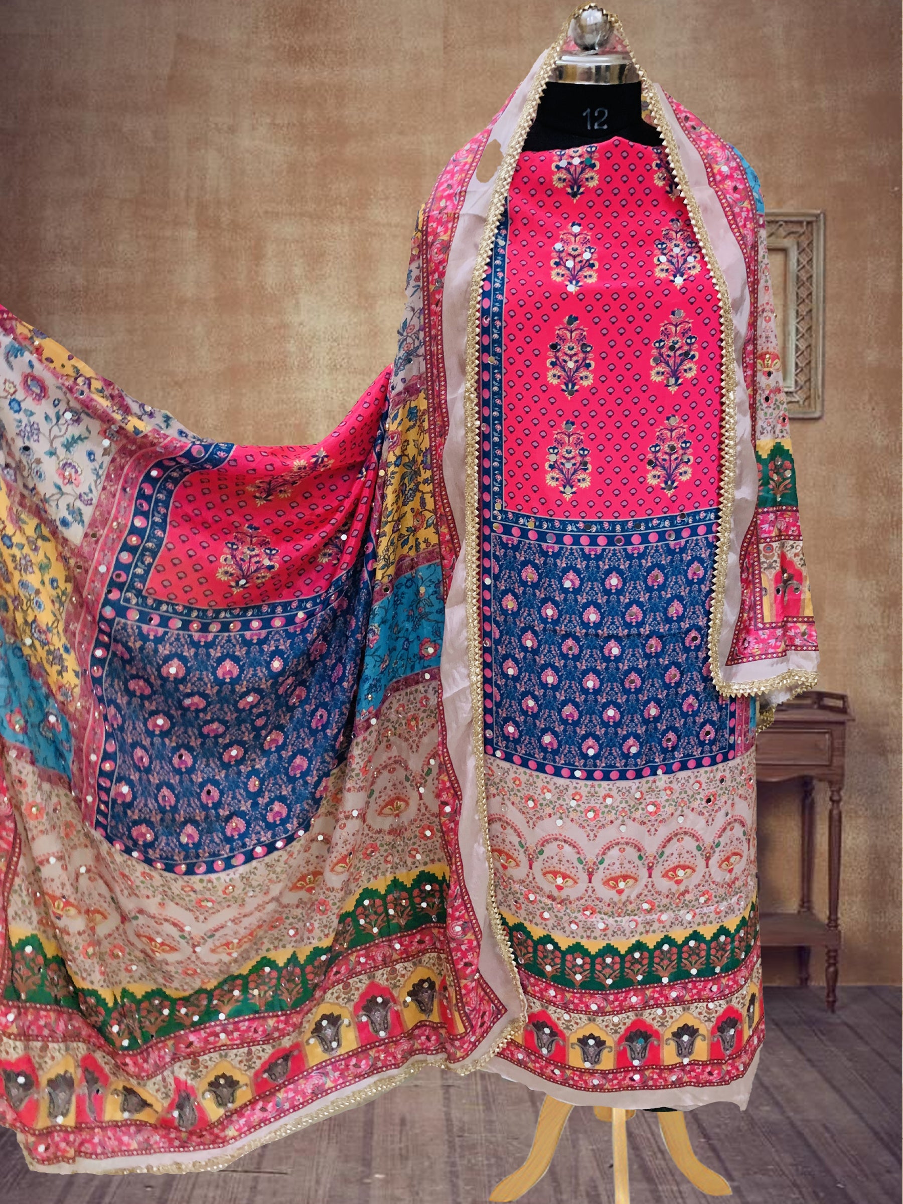SS Creations Karachi Suit CREAM RED BLUE
