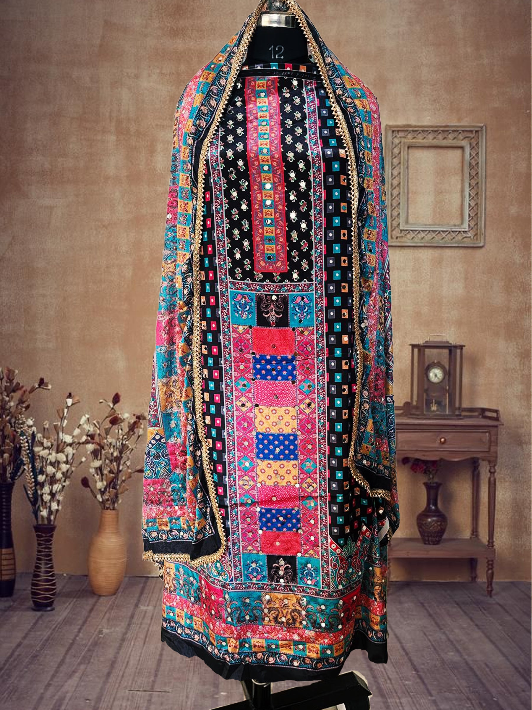 SS Creations Karachi Suit black dots