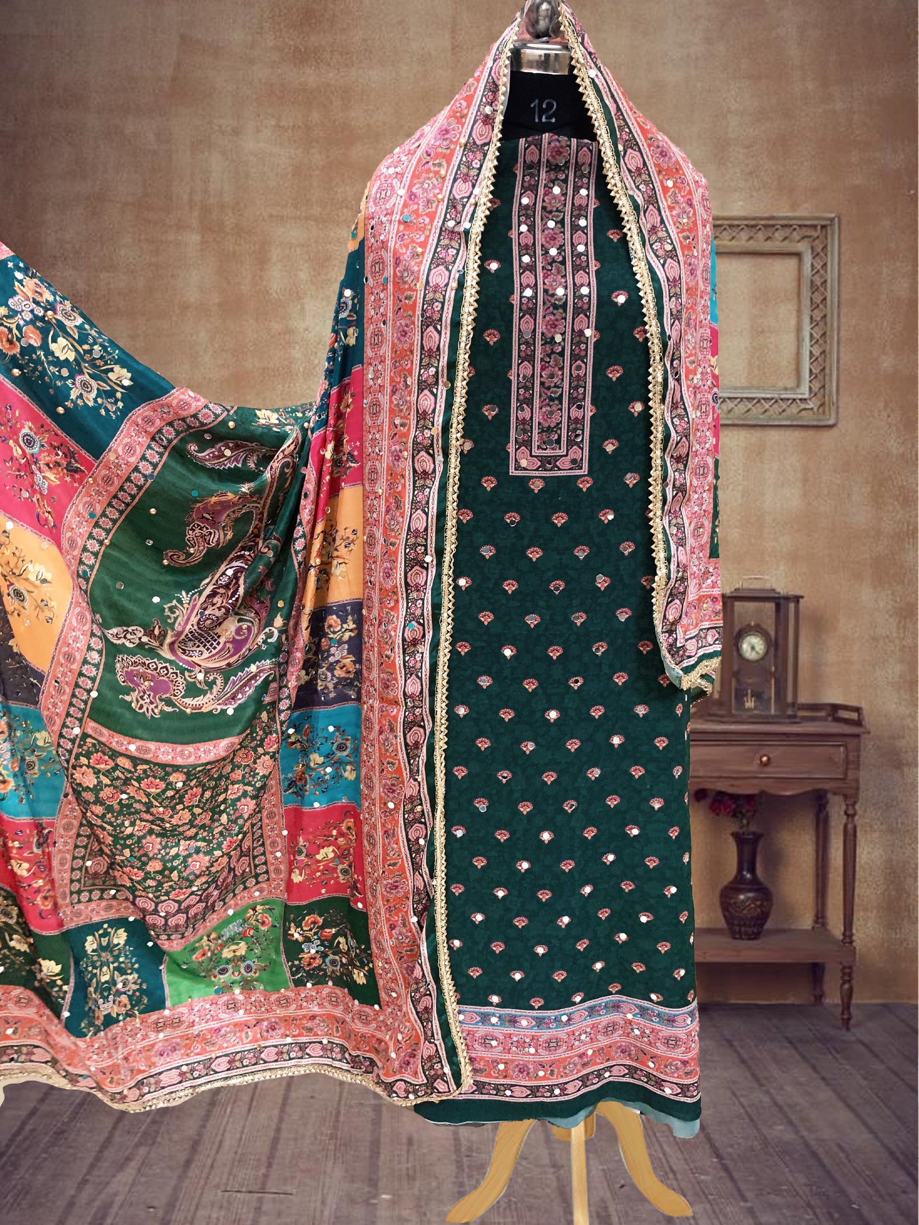 SS Creations Karachi Suit GREN DOTS