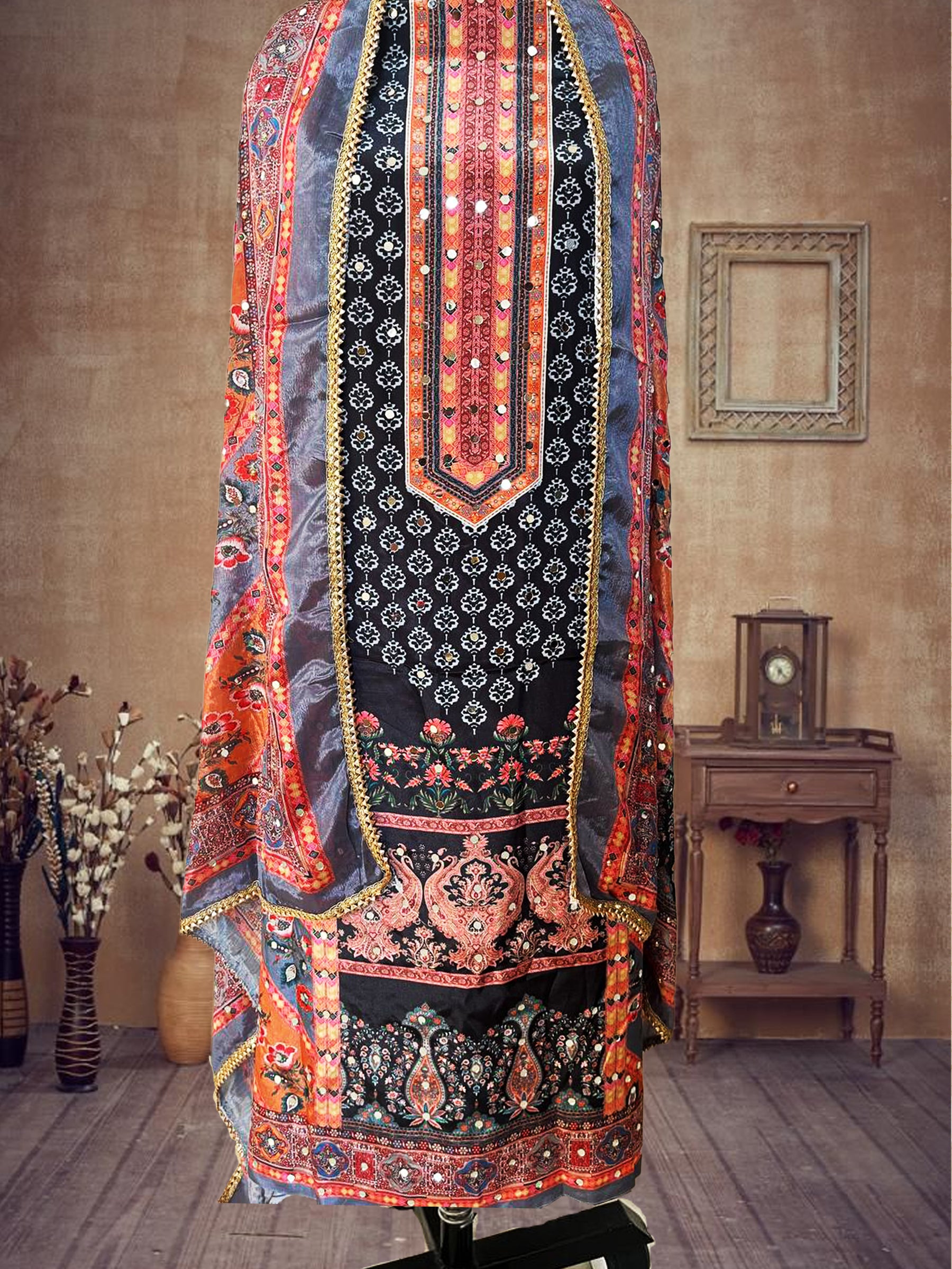 SS Creations Karachi Suit Black grey neck