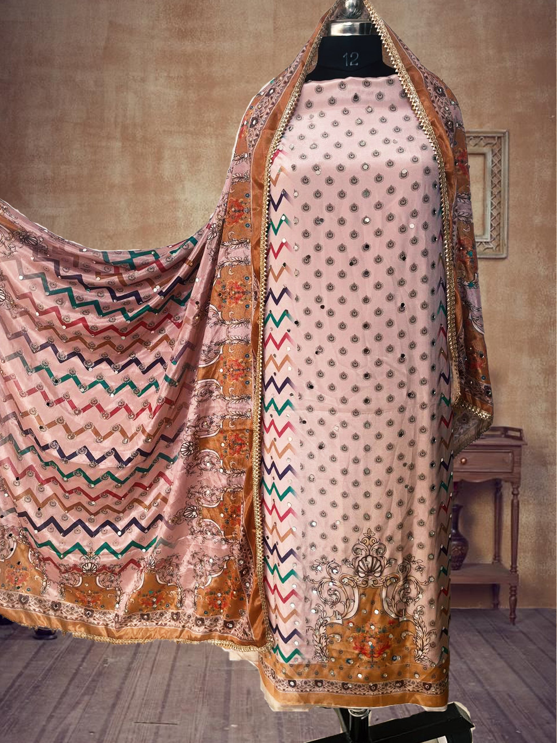 SS Creations Karachi Suit Beige zigzag