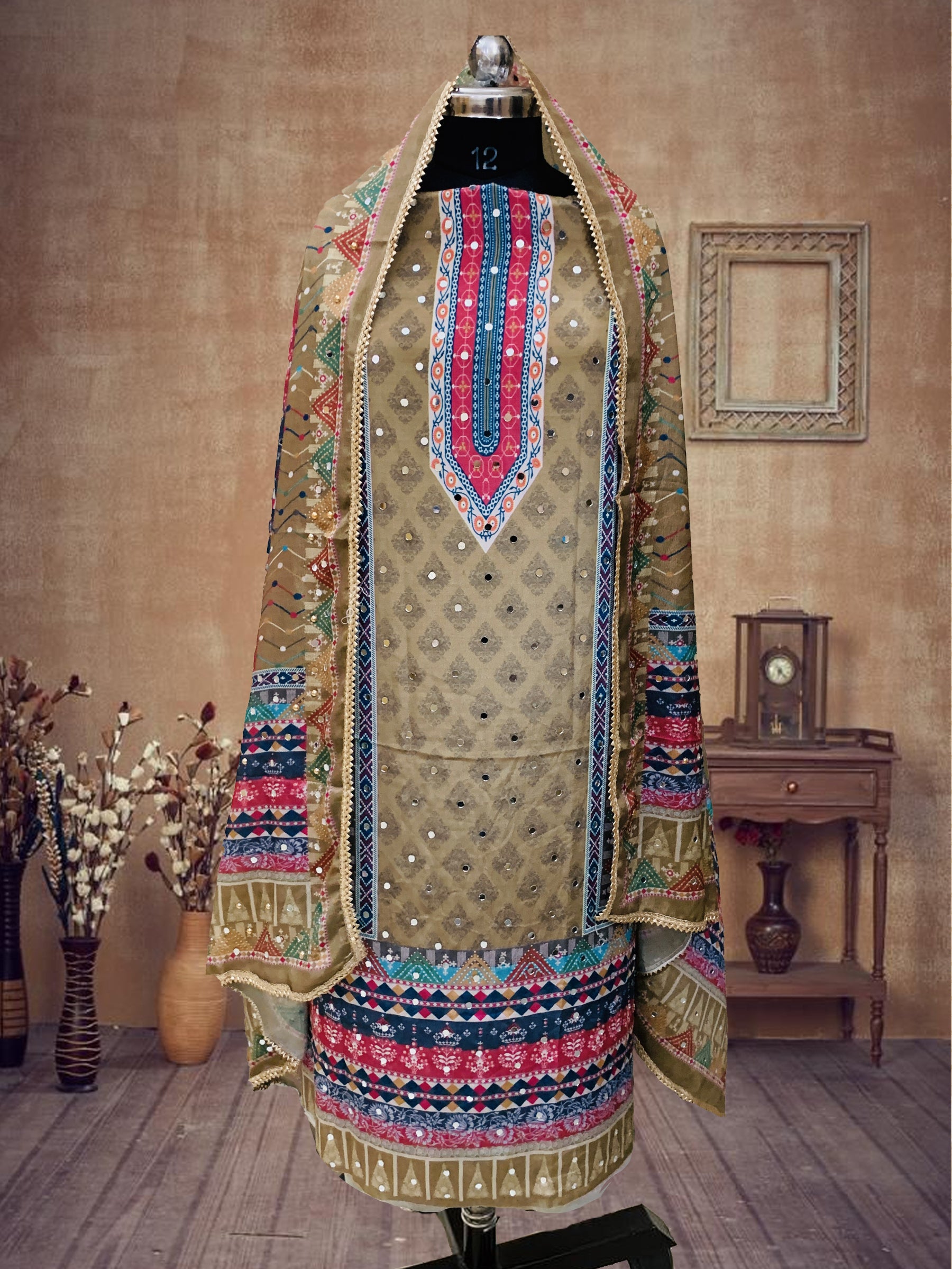 SS Creations Karachi Suit OLIVE PATTI