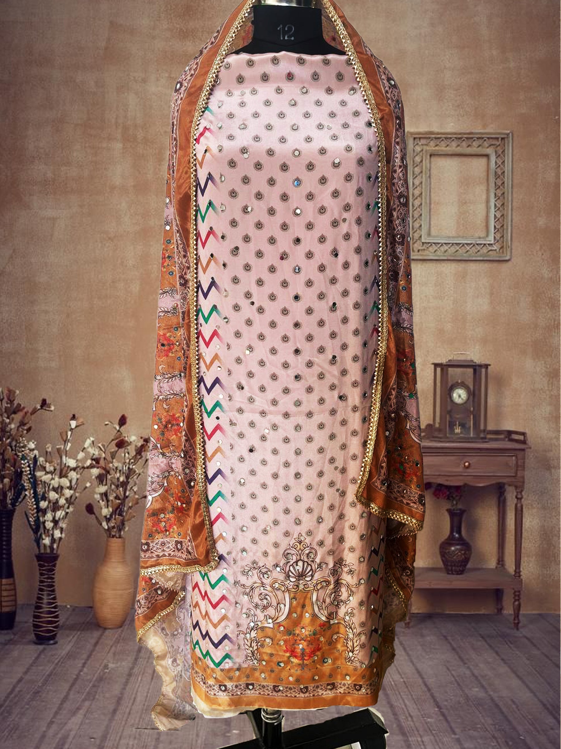 SS Creations Karachi Suit beige zigzag